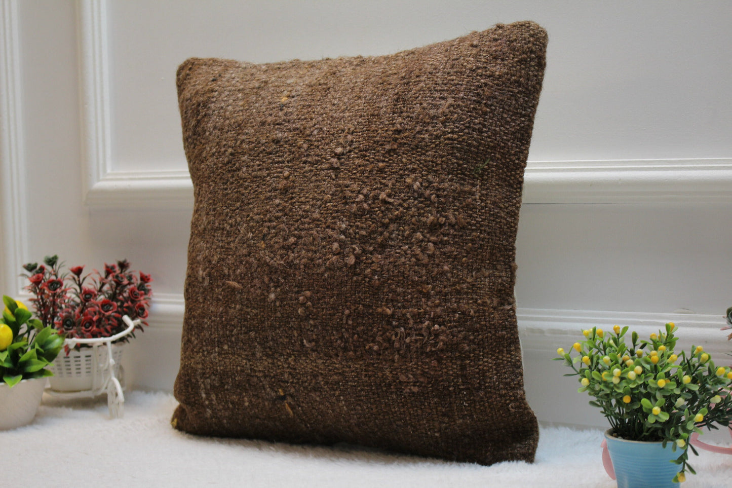 Handmade Brown Kilim Pillow Cover: Upcycled Wool, Bohemian Decor (16x16 in)