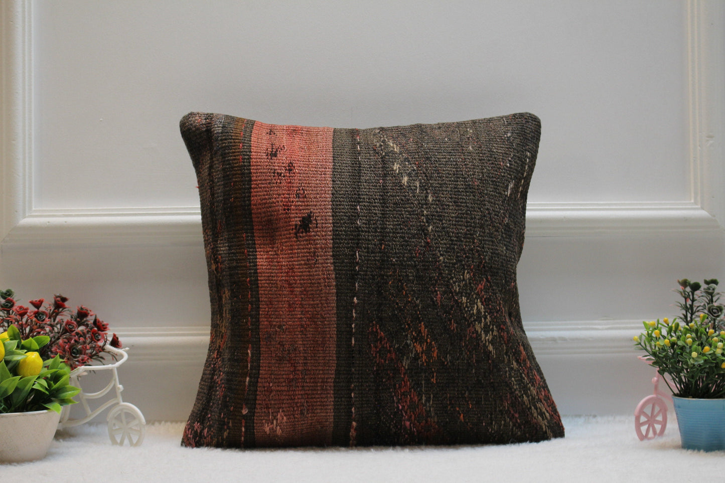 Handmade Kilim Pillow Cover: Upcycled Turkish Woven Rug, 16x16 inch