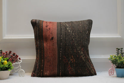 Handmade Kilim Pillow Cover: Upcycled Turkish Woven Rug, 16x16 inch