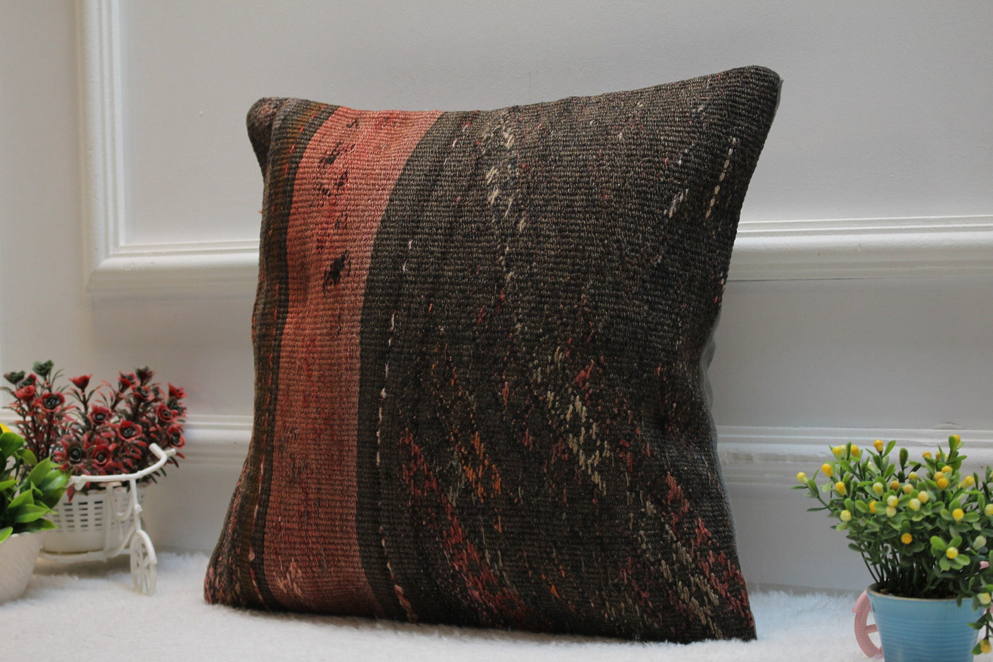 Handmade Kilim Pillow Cover: Upcycled Turkish Woven Rug, 16x16 inch
