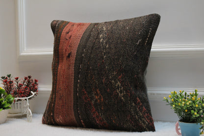 Handmade Kilim Pillow Cover: Upcycled Turkish Woven Rug, 16x16 inch