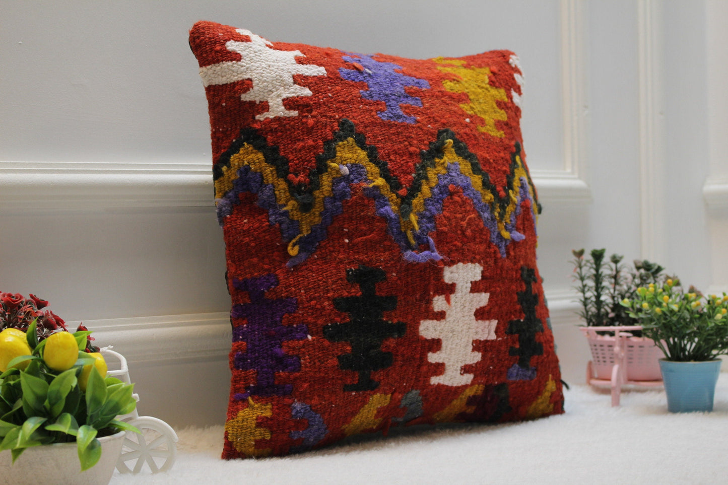 Geometric Kilim Pillow Cover: Upcycled Woven Wool, 16x16 inch
