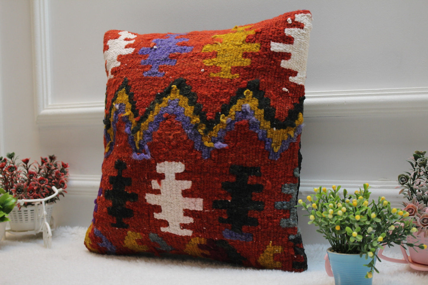 Geometric Kilim Pillow Cover: Upcycled Woven Wool, 16x16 inch