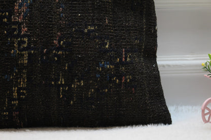 Handmade Kilim Pillow Cover: Upcycled Woven Rug, Black (16x16 in)