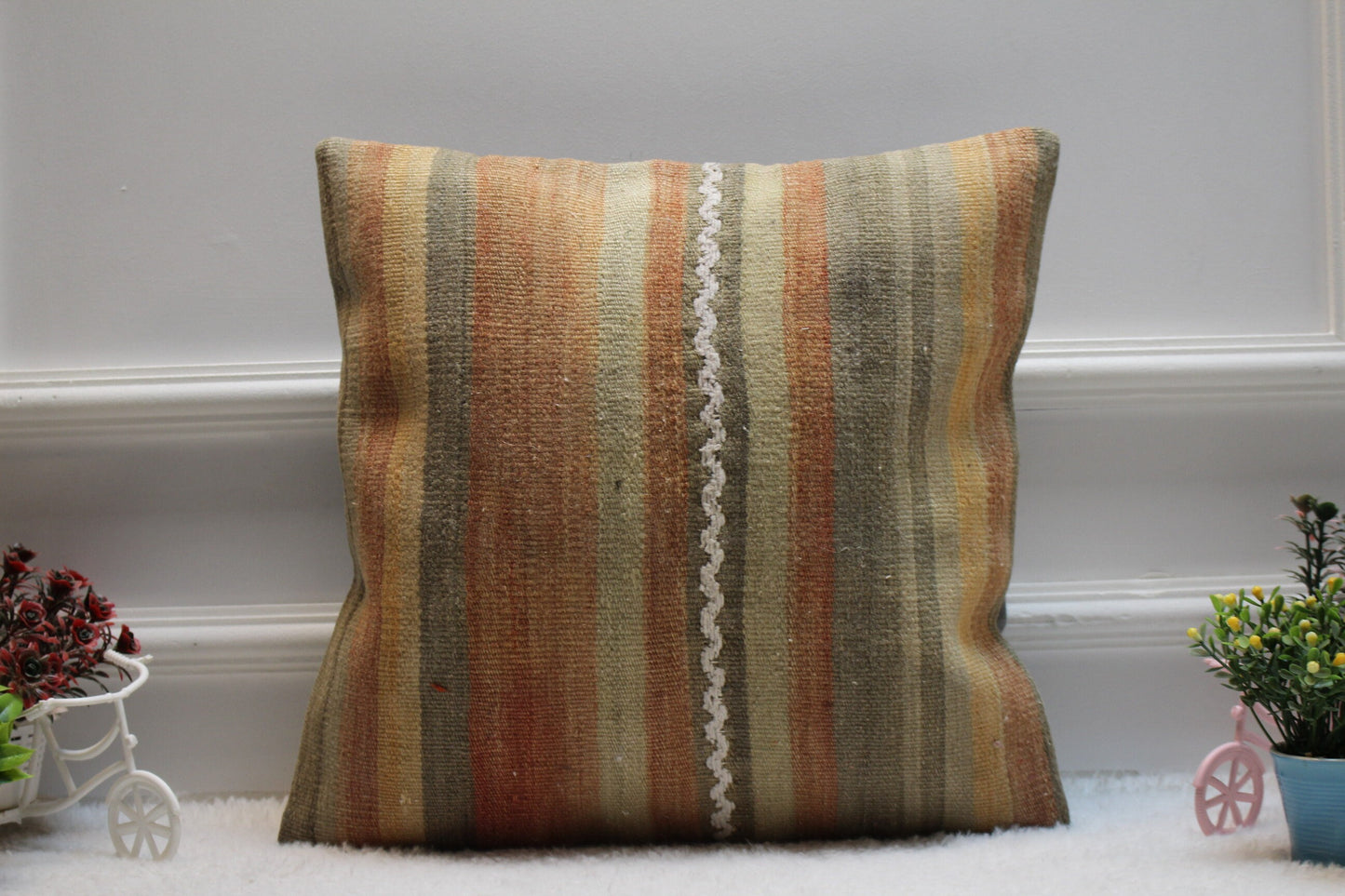 Handmade Kilim Pillow Cover: Upcycled Woven Wool, 16x16 inc