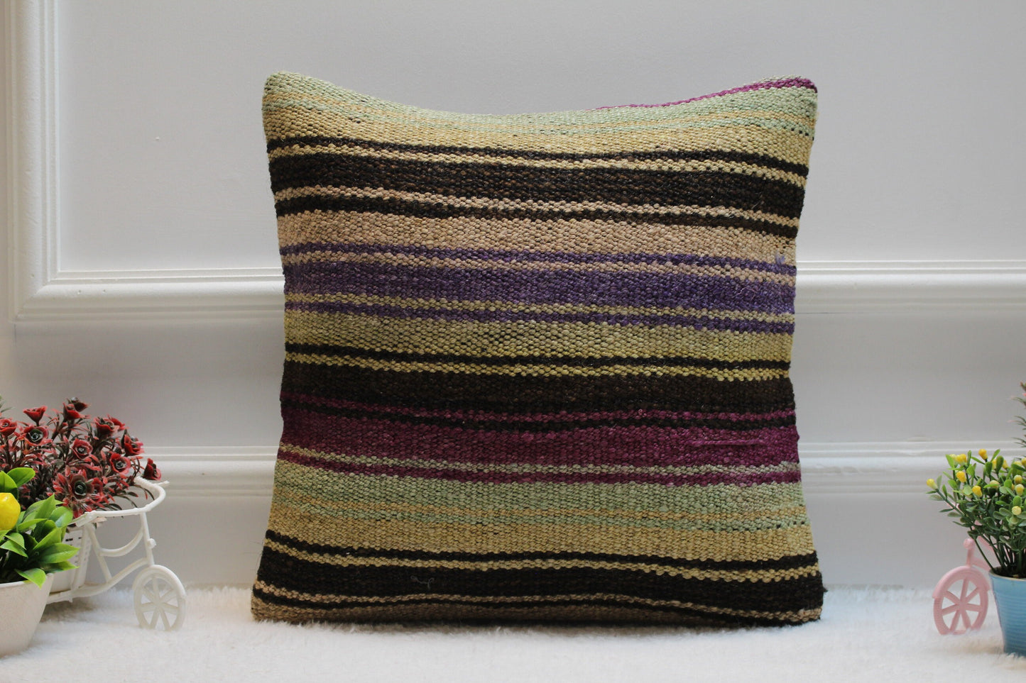 Striped Kilim Pillow Cover: Handmade Turkish Woven Rug, 16x16 inch