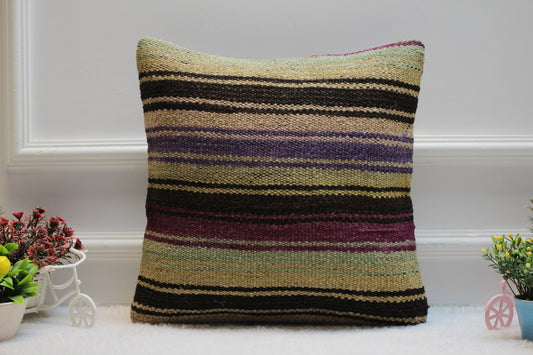 Striped Kilim Pillow Cover: Handmade Turkish Woven Rug, 16x16 inch