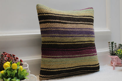 Striped Kilim Pillow Cover: Handmade Turkish Woven Rug, 16x16 inch