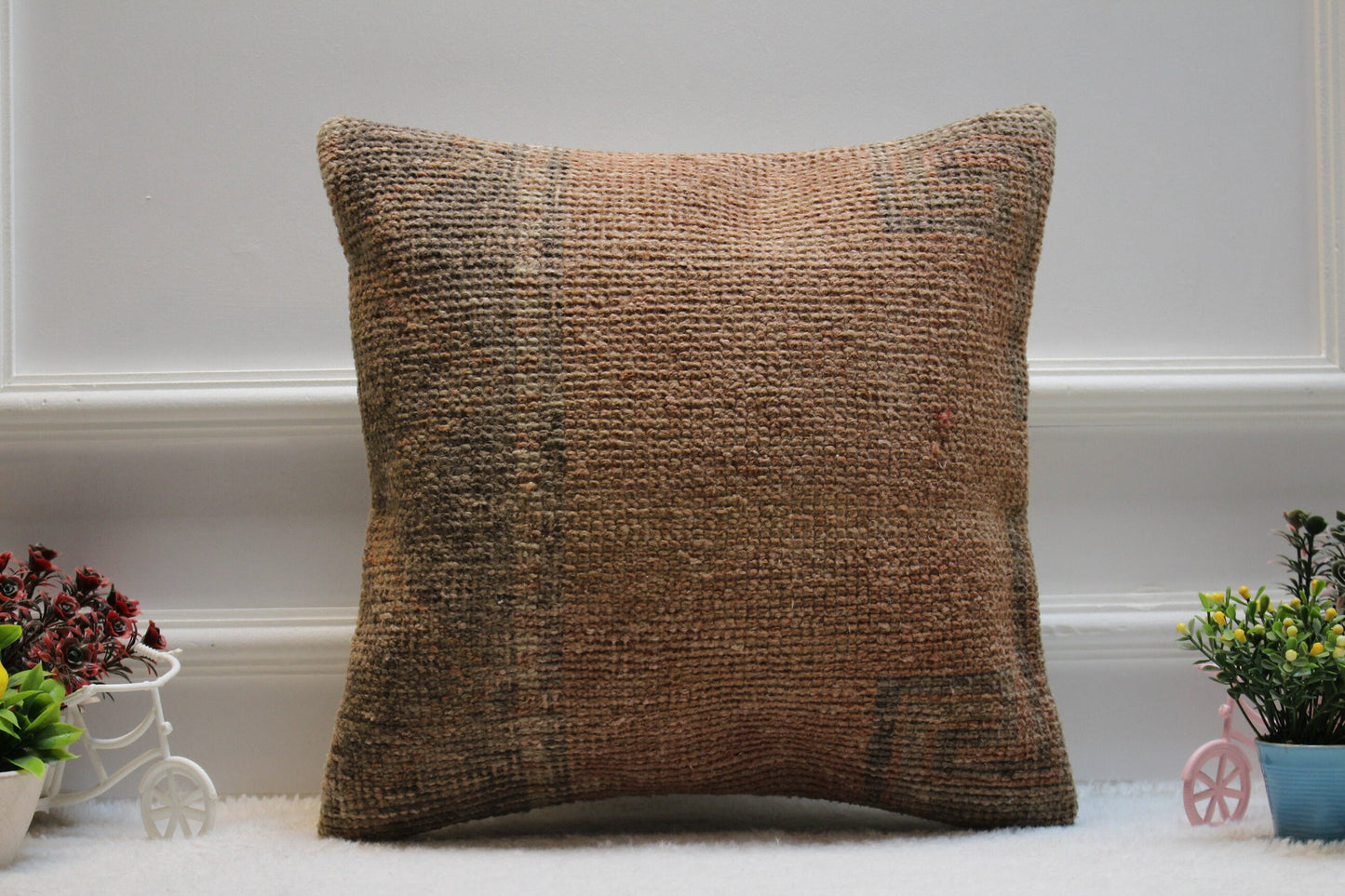 Handmade Kilim Pillow Cover: Upcycled Woven Wool Rug, Bohemian Decor (16x16 in)