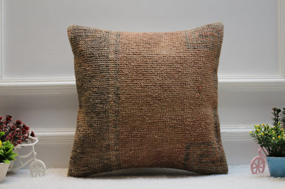 Handmade Kilim Pillow Cover: Upcycled Woven Wool Rug, Bohemian Decor (16x16 in)