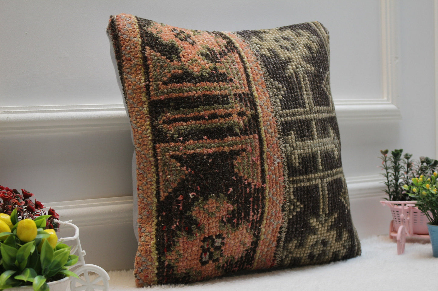 Handmade Kilim Pillow Cover: Upcycled Turkish Rug, Orange Black Beige