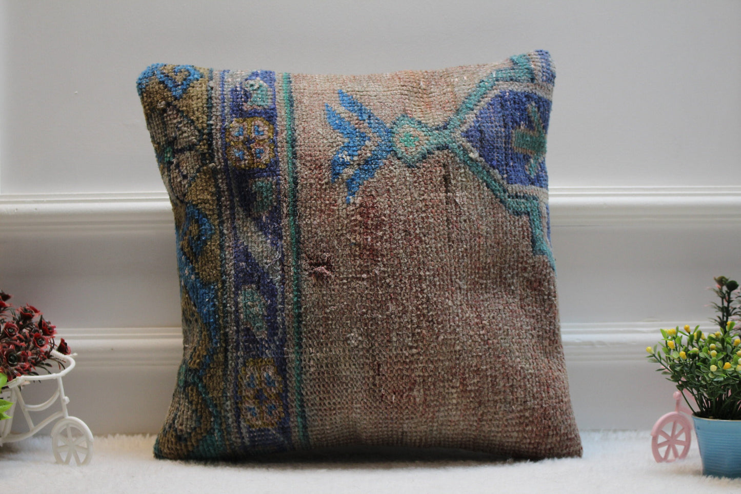 Handmade Kilim Pillow Cover: Vintage Turkish Rug, Blue Beige (16X16 inc.)
