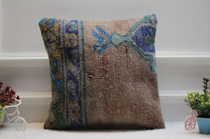 Handmade Kilim Pillow Cover: Vintage Turkish Rug, Blue Beige (16X16 inc.)