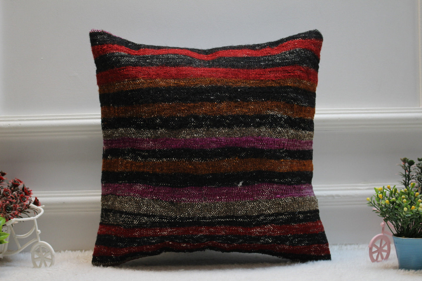 Striped Kilim Pillow Cover: Handmade Organic Wool, 16x16 inch