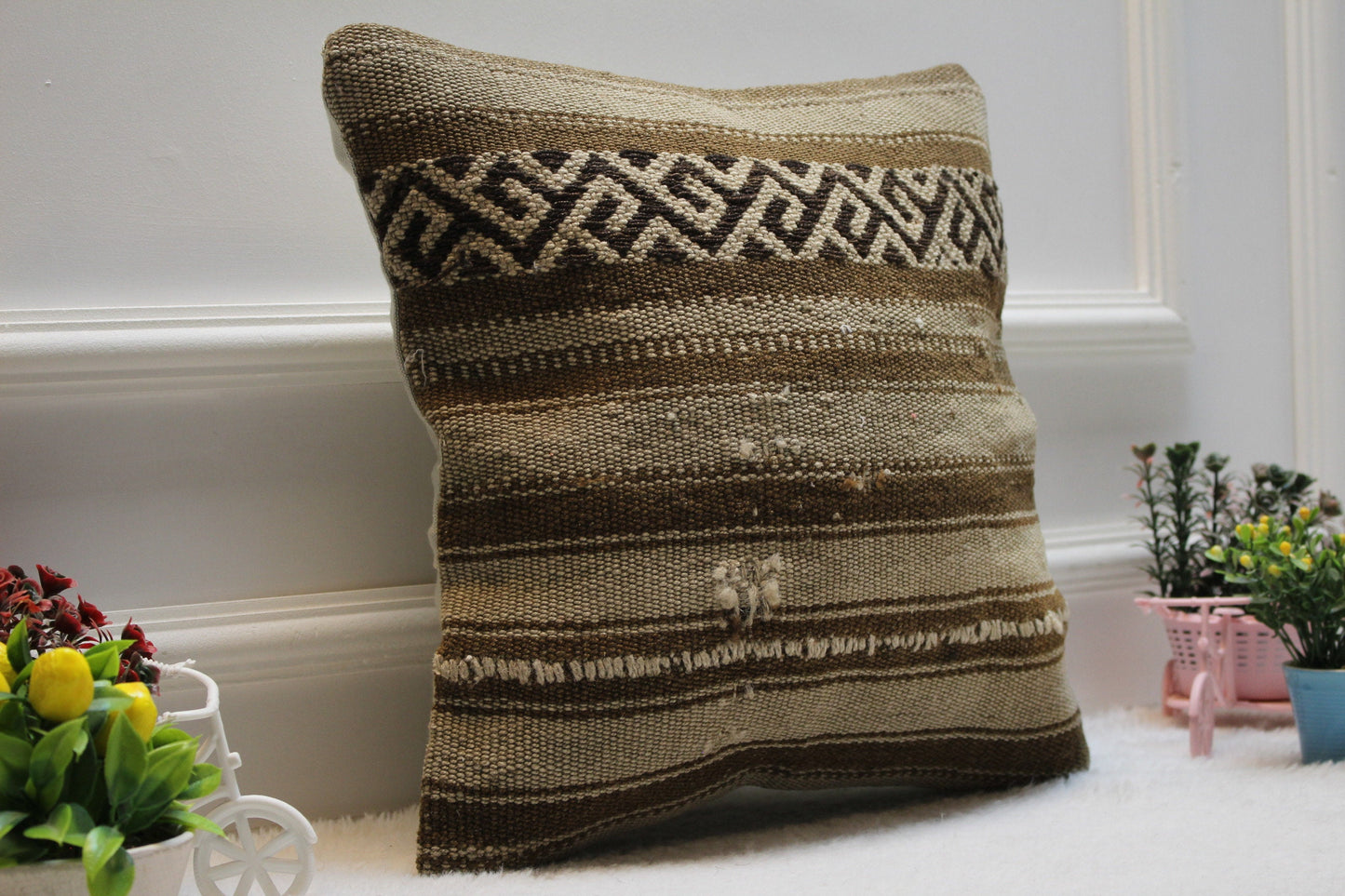 Striped Kilim Pillow Cover: 16x16 Square, Handmade Wool Throw
