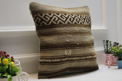 Striped Kilim Pillow Cover: 16x16 Square, Handmade Wool Throw