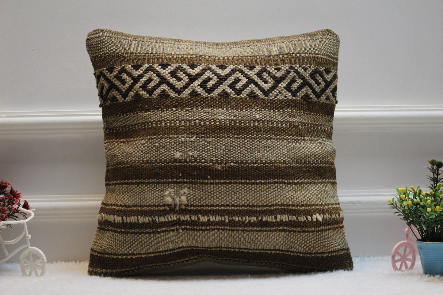 Striped Kilim Pillow Cover: 16x16 Square, Handmade Wool Throw