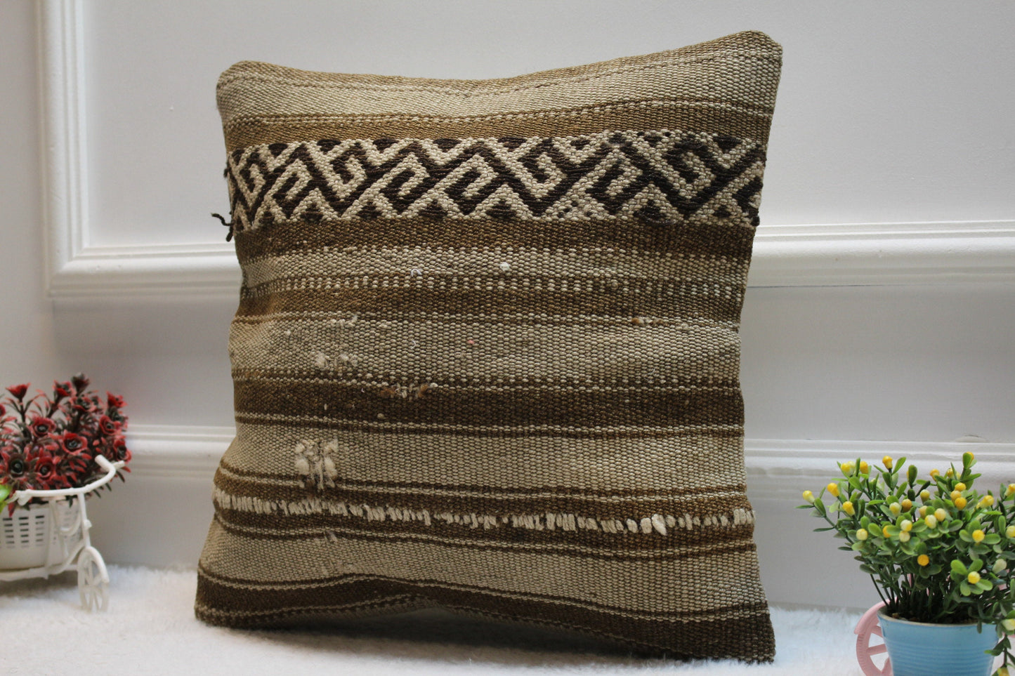 Striped Kilim Pillow Cover: 16x16 Square, Handmade Wool Throw