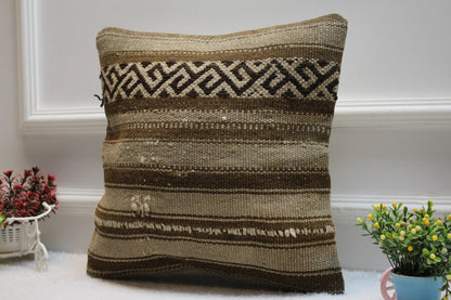 Striped Kilim Pillow Cover: 16x16 Square, Handmade Wool Throw