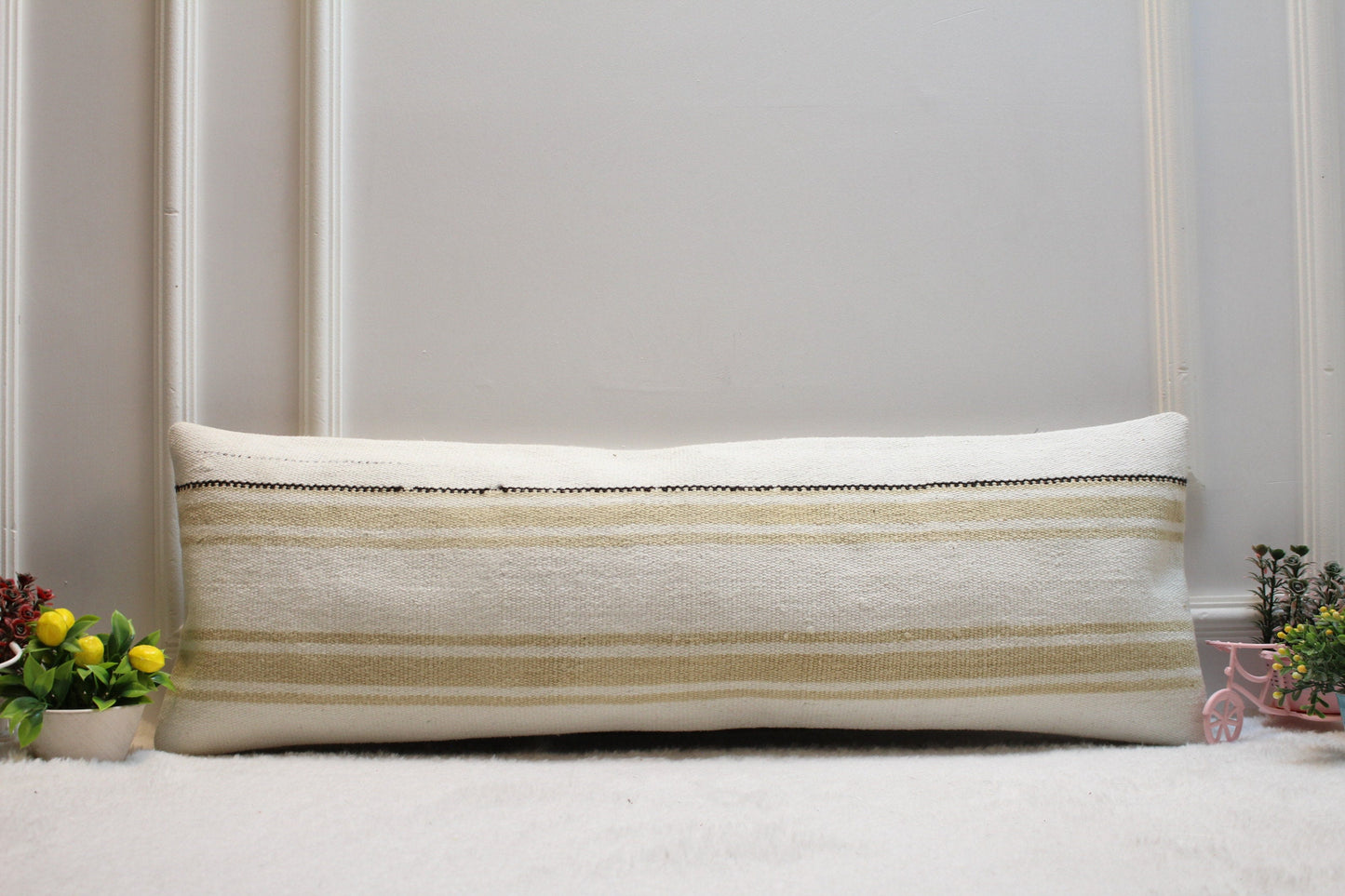 Handmade Lumbar Kilim Pillow Cover: Organic Wool Rug, 12x36