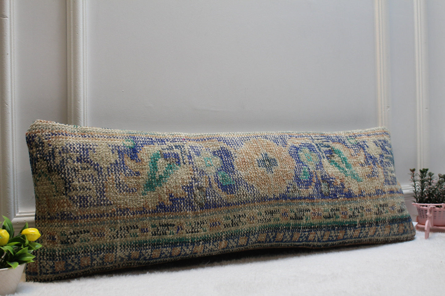 Handmade Kilim Lumbar Pillow Cover: Upcycled Woven Rug, 12x36 in