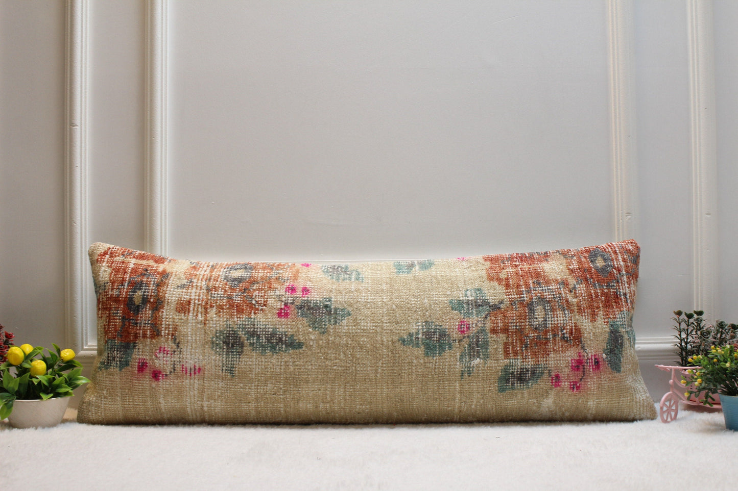 Handmade Kilim Lumbar Pillow Cover: Upcycled Woven Wool Rug, 12x36