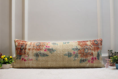 Handmade Kilim Lumbar Pillow Cover: Upcycled Woven Wool Rug, 12x36