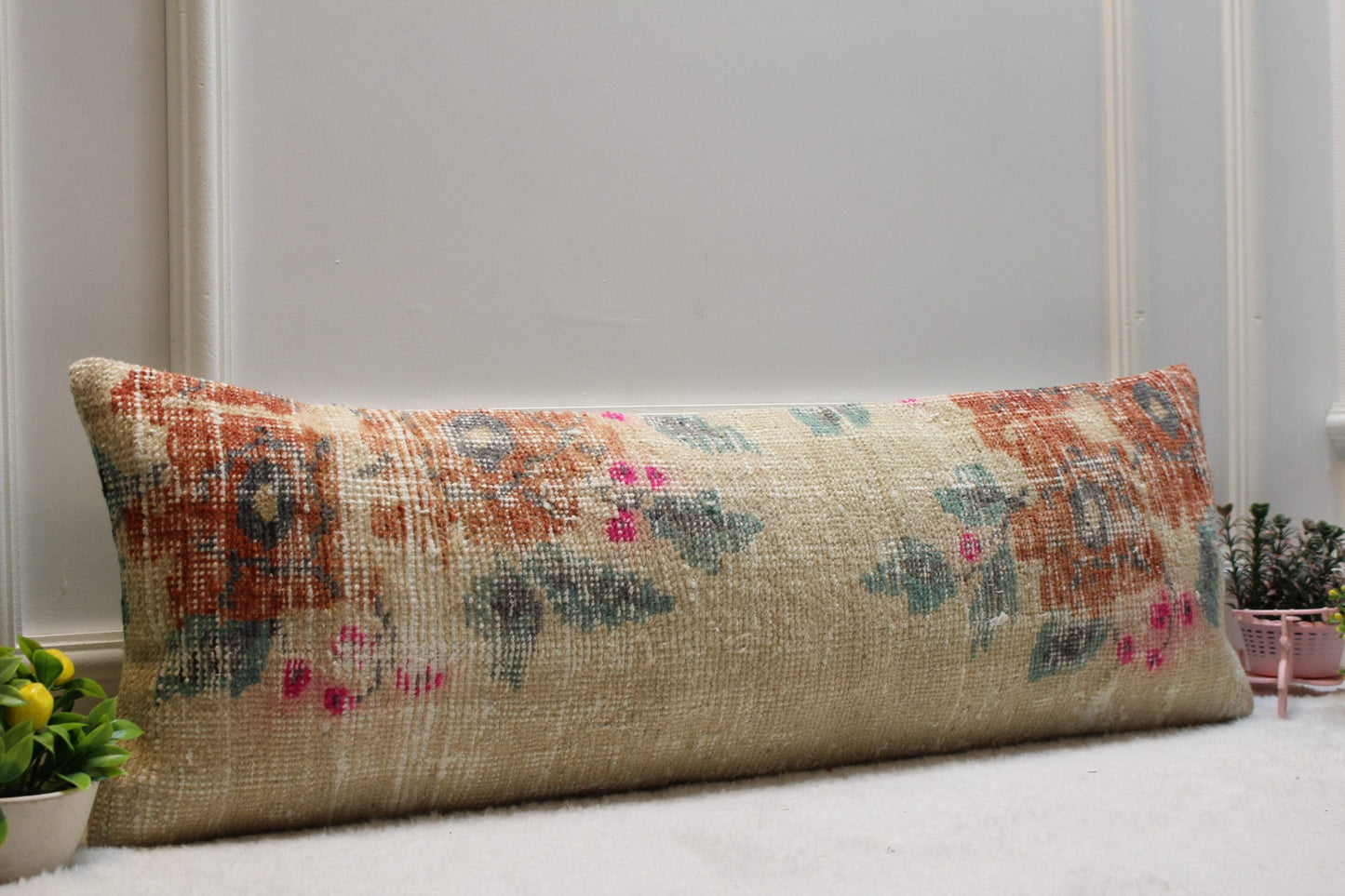 Handmade Kilim Lumbar Pillow Cover: Upcycled Woven Wool Rug, 12x36