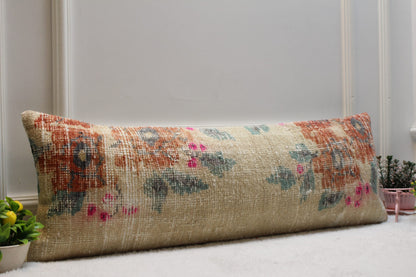 Handmade Kilim Lumbar Pillow Cover: Upcycled Woven Wool Rug, 12x36