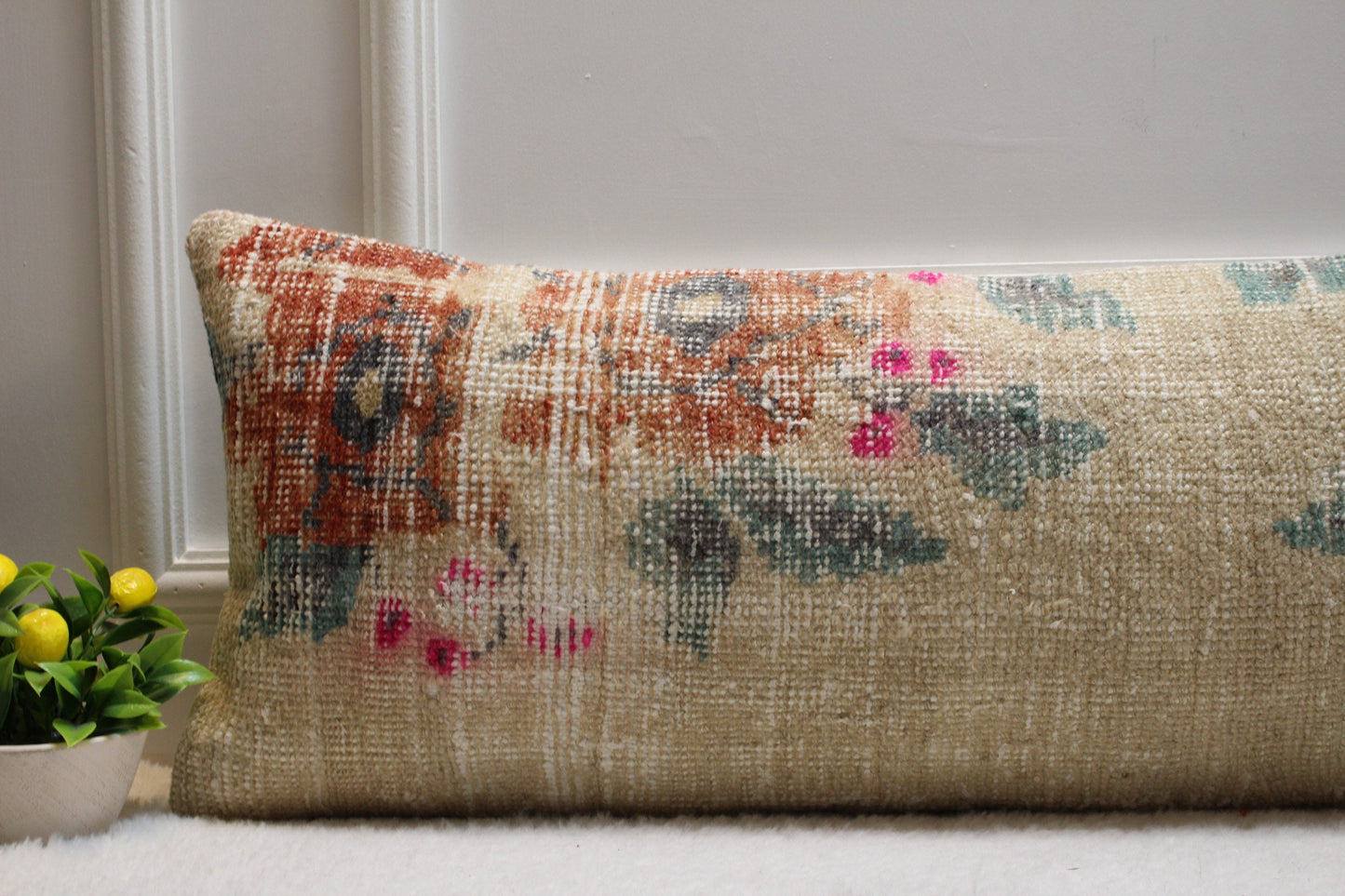Handmade Kilim Lumbar Pillow Cover: Upcycled Woven Wool Rug, 12x36