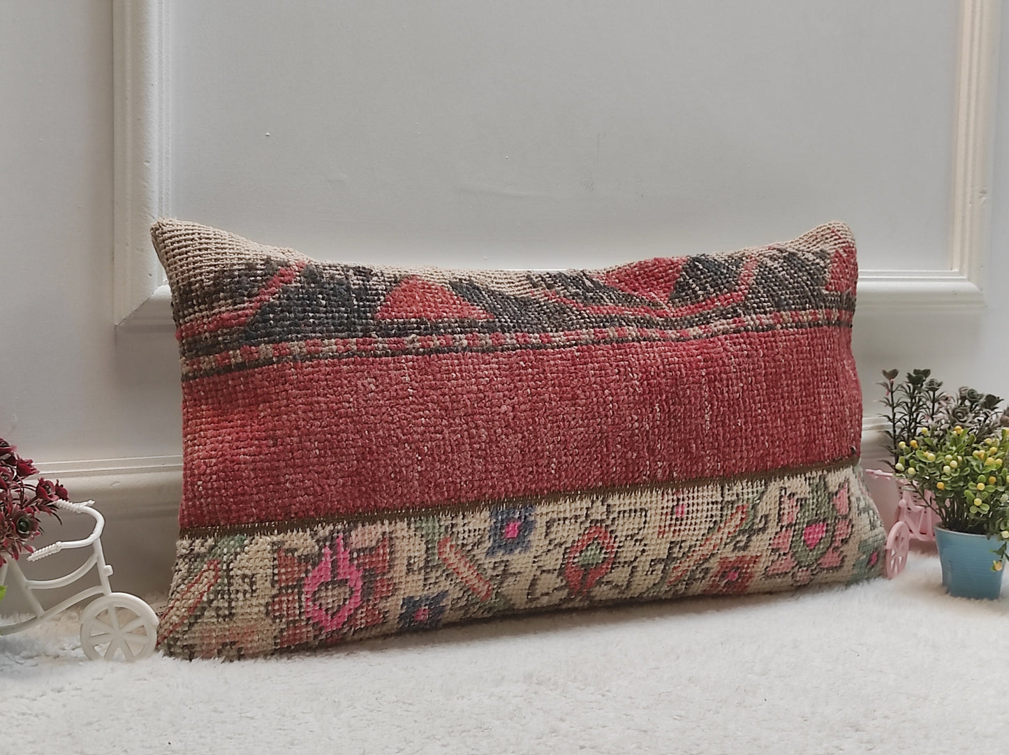 Handmade Kilim Pillow Cover: Red & Black Woven Rug, 12x24 inch
