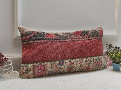 Handmade Kilim Pillow Cover: Red & Black Woven Rug, 12x24 inch