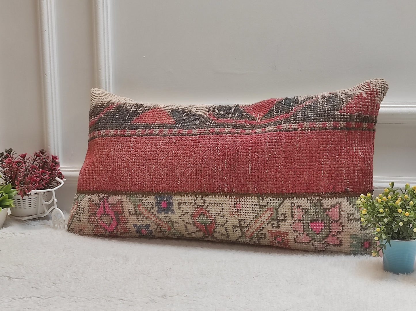Handmade Kilim Pillow Cover: Red & Black Woven Rug, 12x24 inch