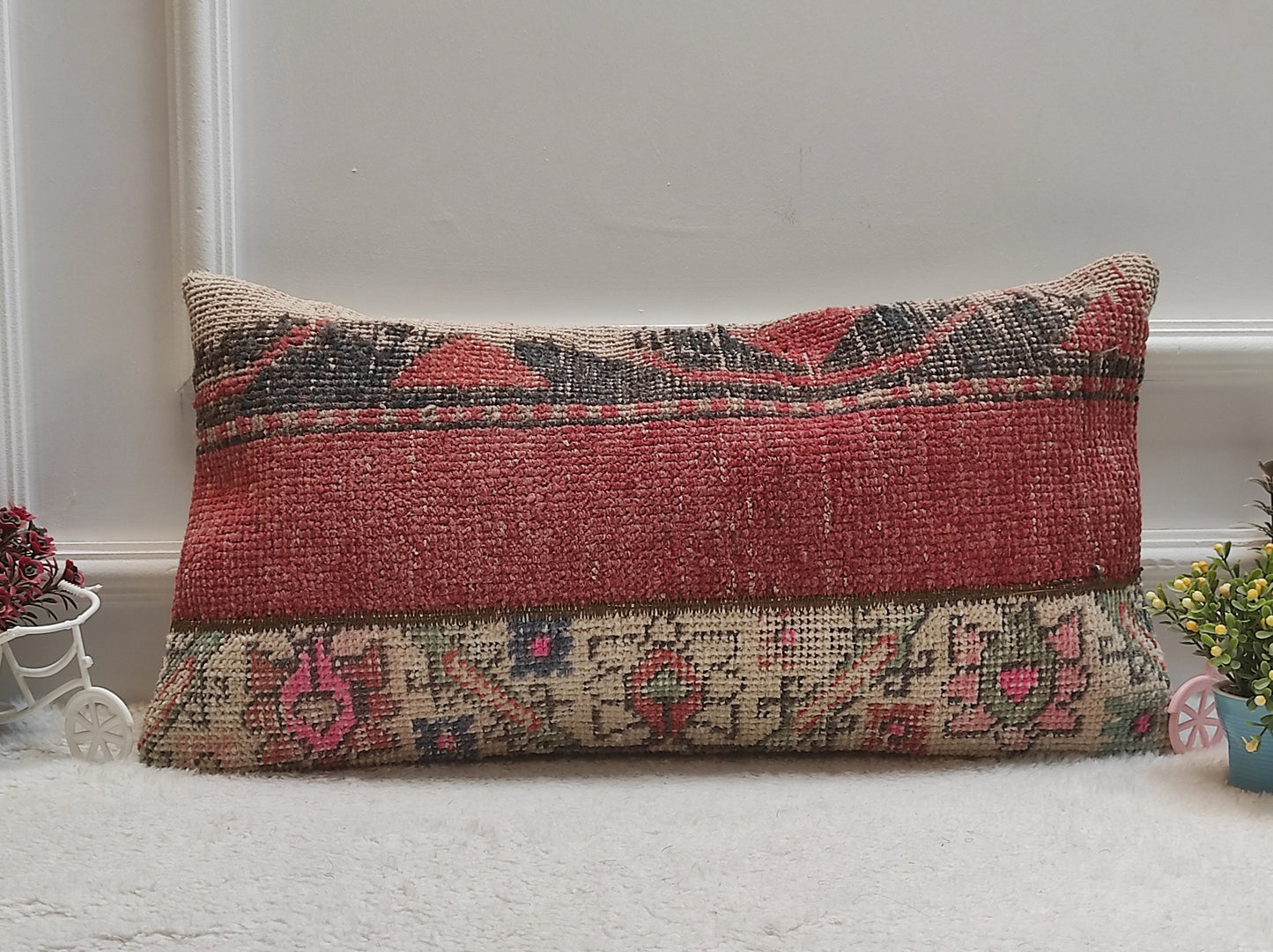 Handmade Kilim Pillow Cover: Red & Black Woven Rug, 12x24 inch
