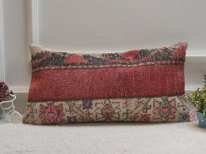 Handmade Kilim Pillow Cover: Red & Black Woven Rug, 12x24 inch