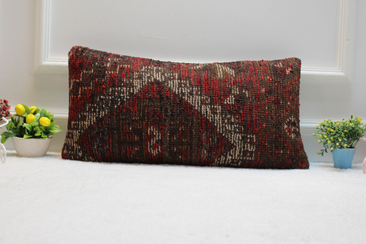 Handmade Wool Kilim Pillow Cover: Striped Bohemian Decor (12x24 inc)