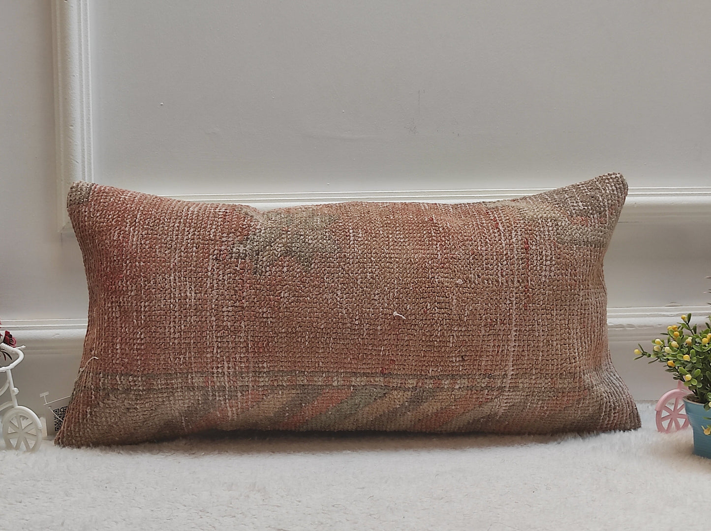 Handmade Red Wool Lumbar Pillow Cover: Upcycled Rug, 12x24 inch