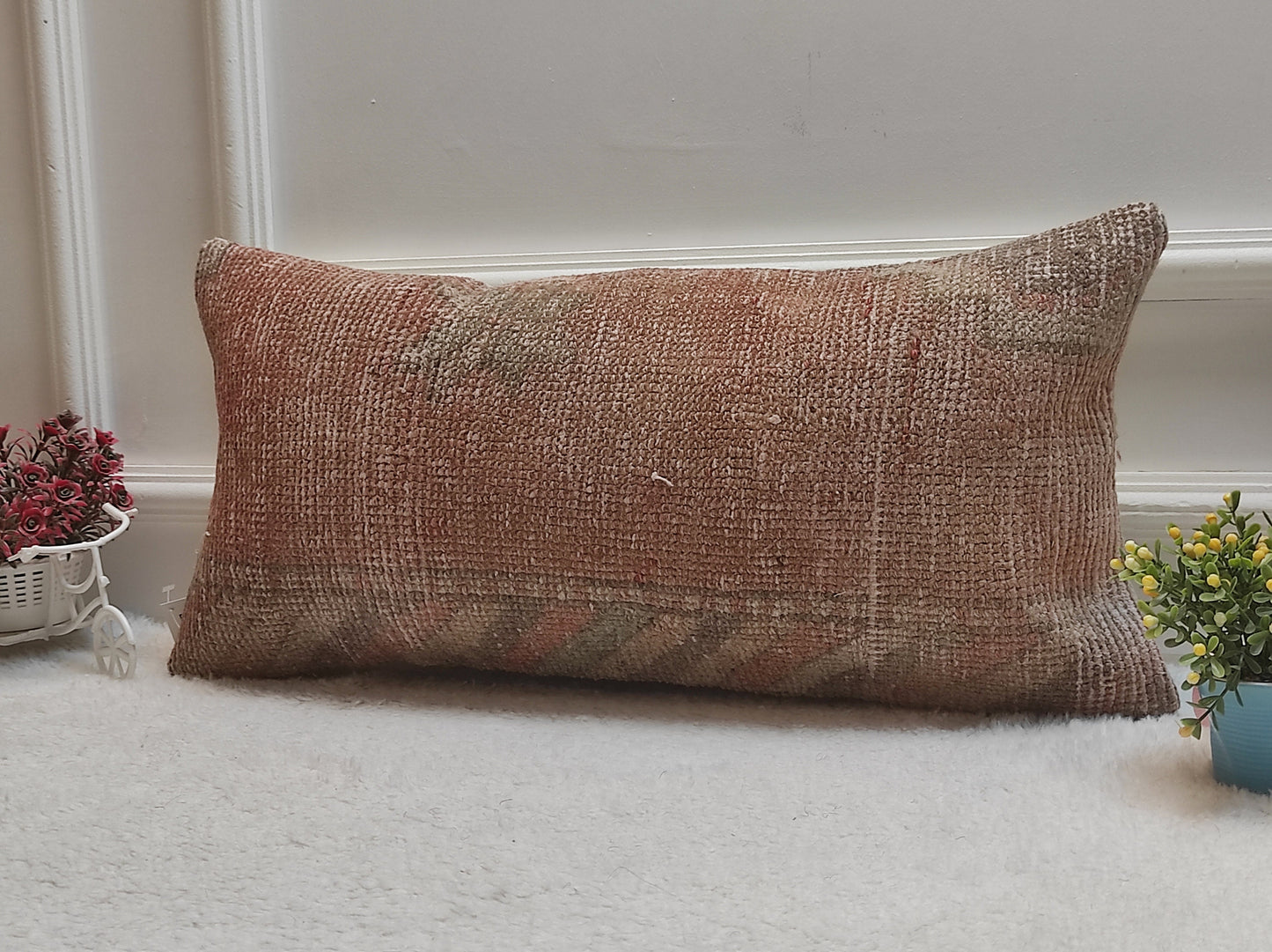 Handmade Red Wool Lumbar Pillow Cover: Upcycled Rug, 12x24 inch
