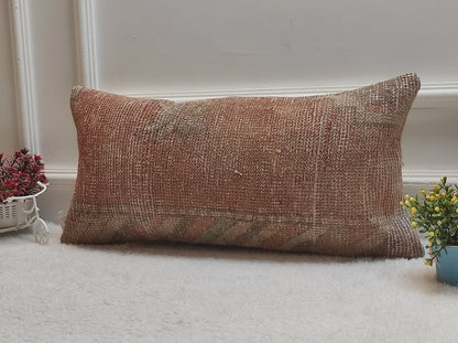 Handmade Red Wool Lumbar Pillow Cover: Upcycled Rug, 12x24 inch