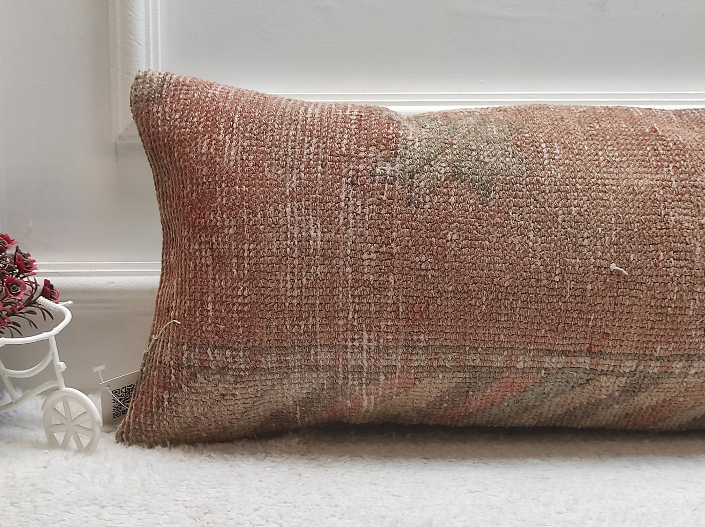 Handmade Red Wool Lumbar Pillow Cover: Upcycled Rug, 12x24 inch