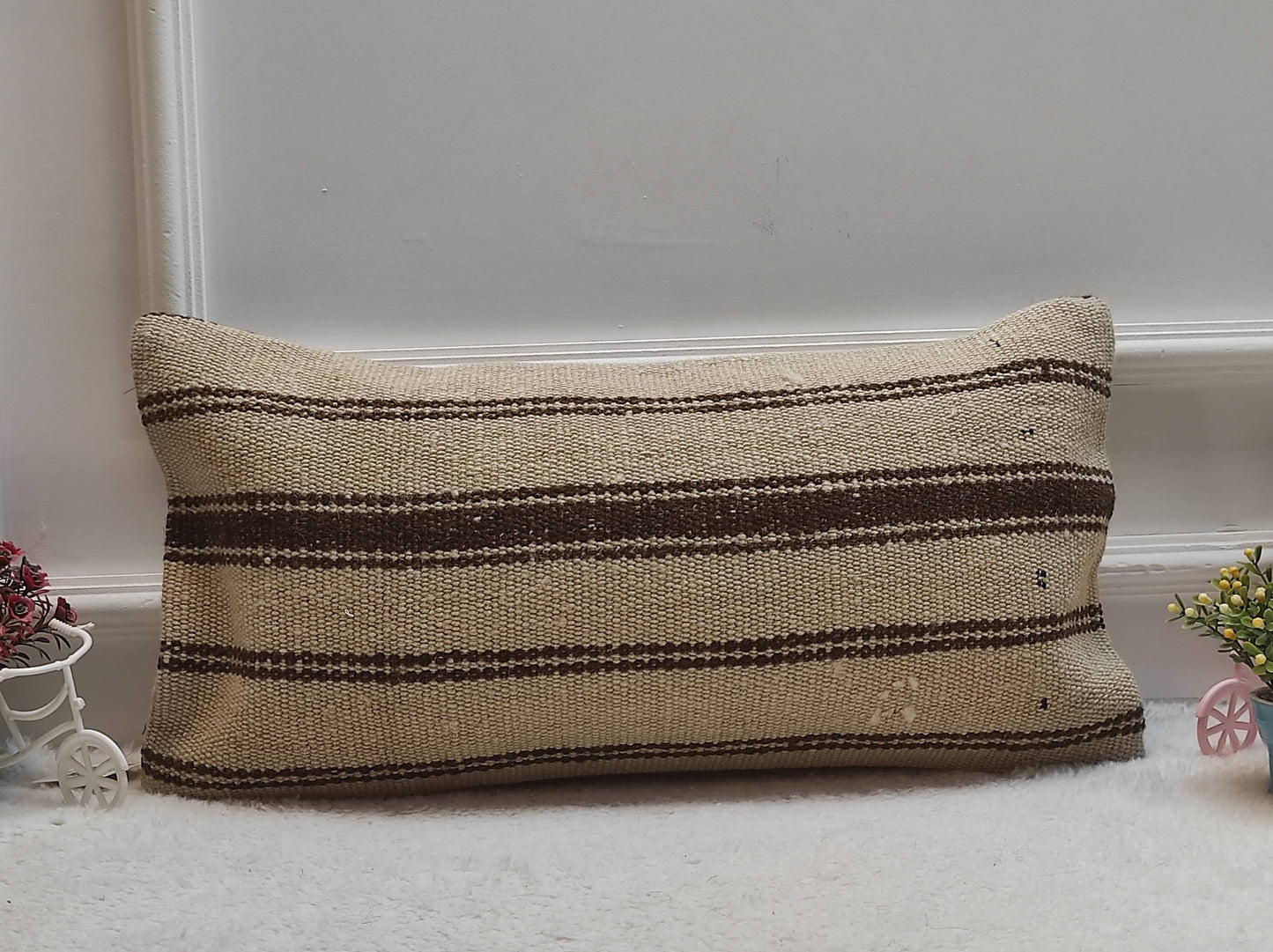 Handmade Kilim Lumbar Pillow Cover: Beige Brown Rug Pillow 12x24