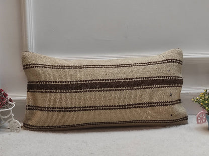Handmade Kilim Lumbar Pillow Cover: Beige Brown Rug Pillow 12x24