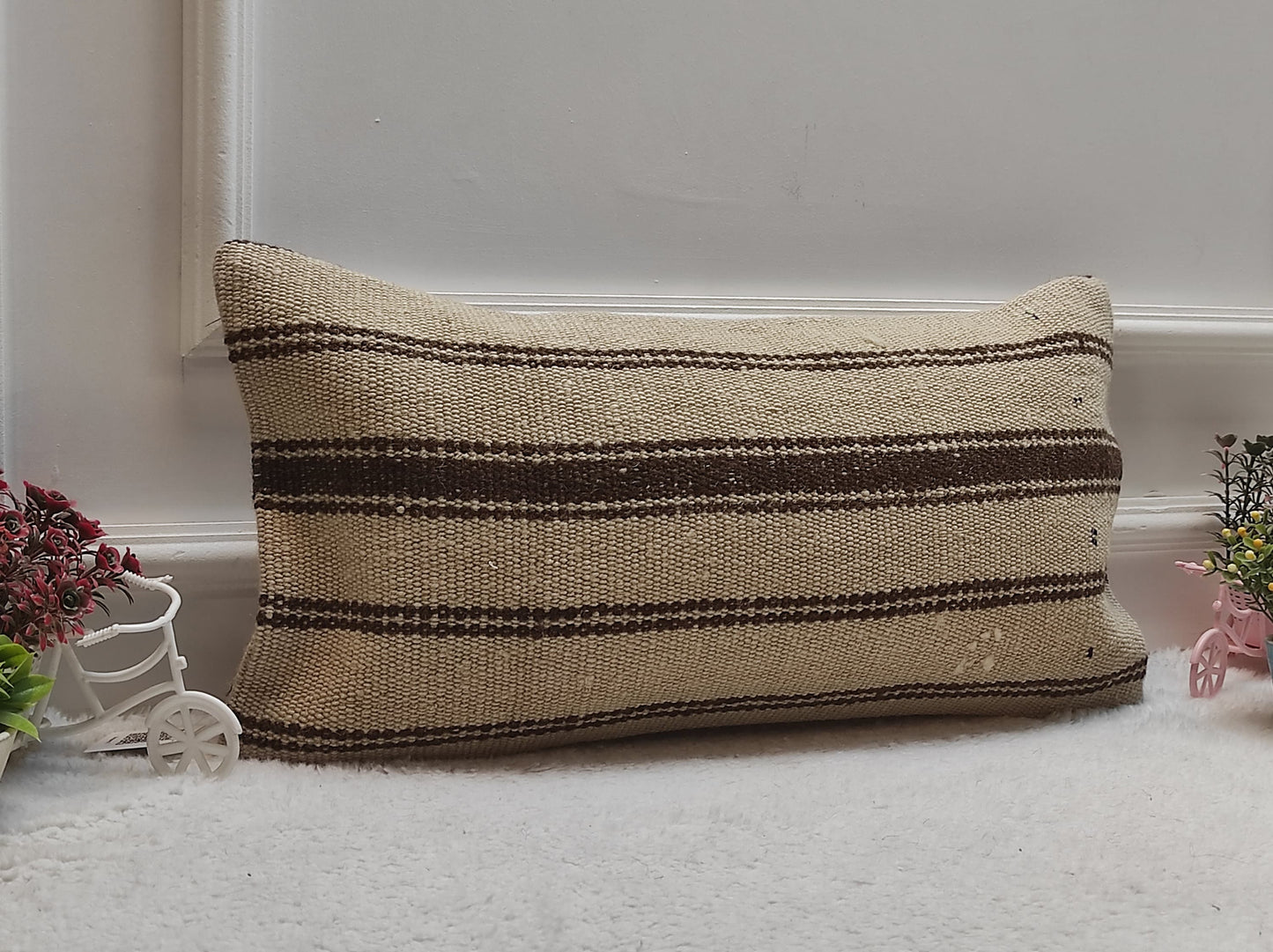 Handmade Kilim Lumbar Pillow Cover: Beige Brown Rug Pillow 12x24