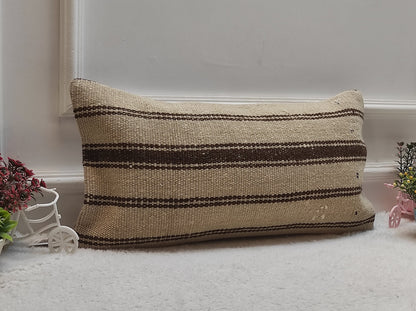 Handmade Kilim Lumbar Pillow Cover: Beige Brown Rug Pillow 12x24