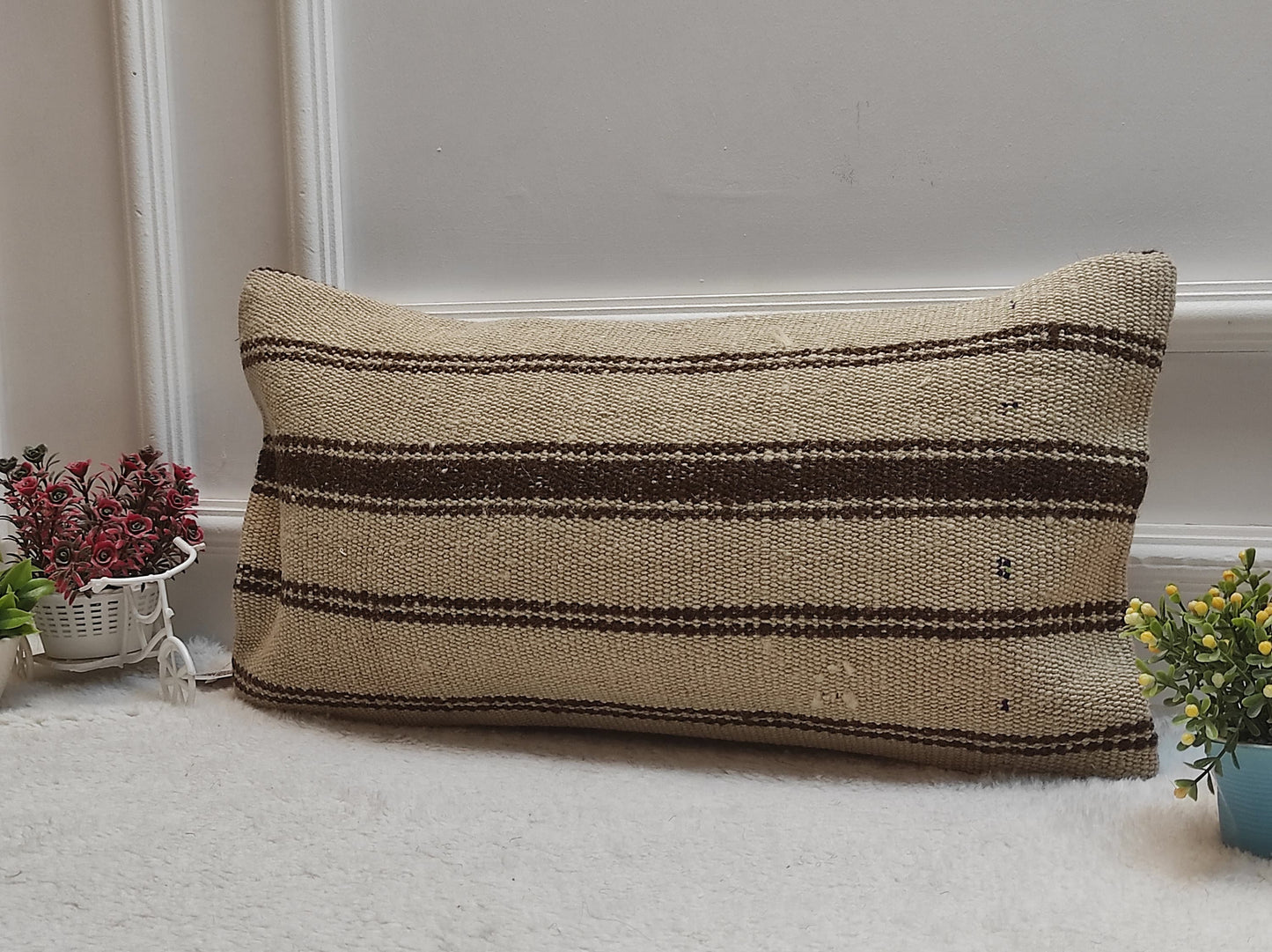 Handmade Kilim Lumbar Pillow Cover: Beige Brown Rug Pillow 12x24