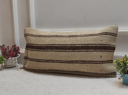 Handmade Kilim Lumbar Pillow Cover: Beige Brown Rug Pillow 12x24