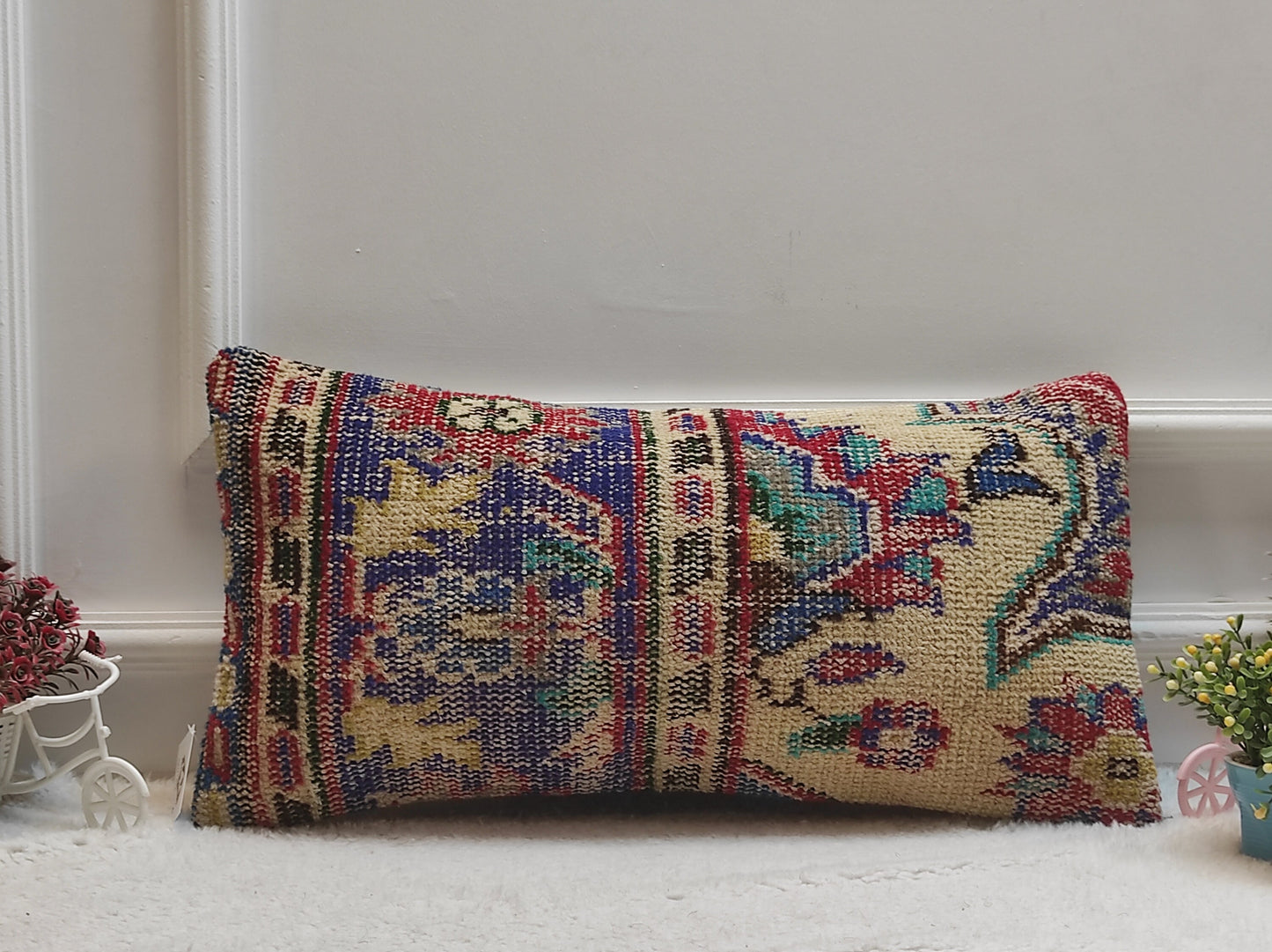 Handmade Kilim Pillow Cover: Upcycled Organic Wool Rug Pillow (12x24 inc)