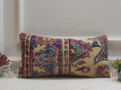 Handmade Kilim Pillow Cover: Upcycled Organic Wool Rug Pillow (12x24 inc)