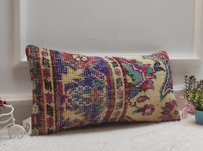 Handmade Kilim Pillow Cover: Upcycled Organic Wool Rug Pillow (12x24 inc)