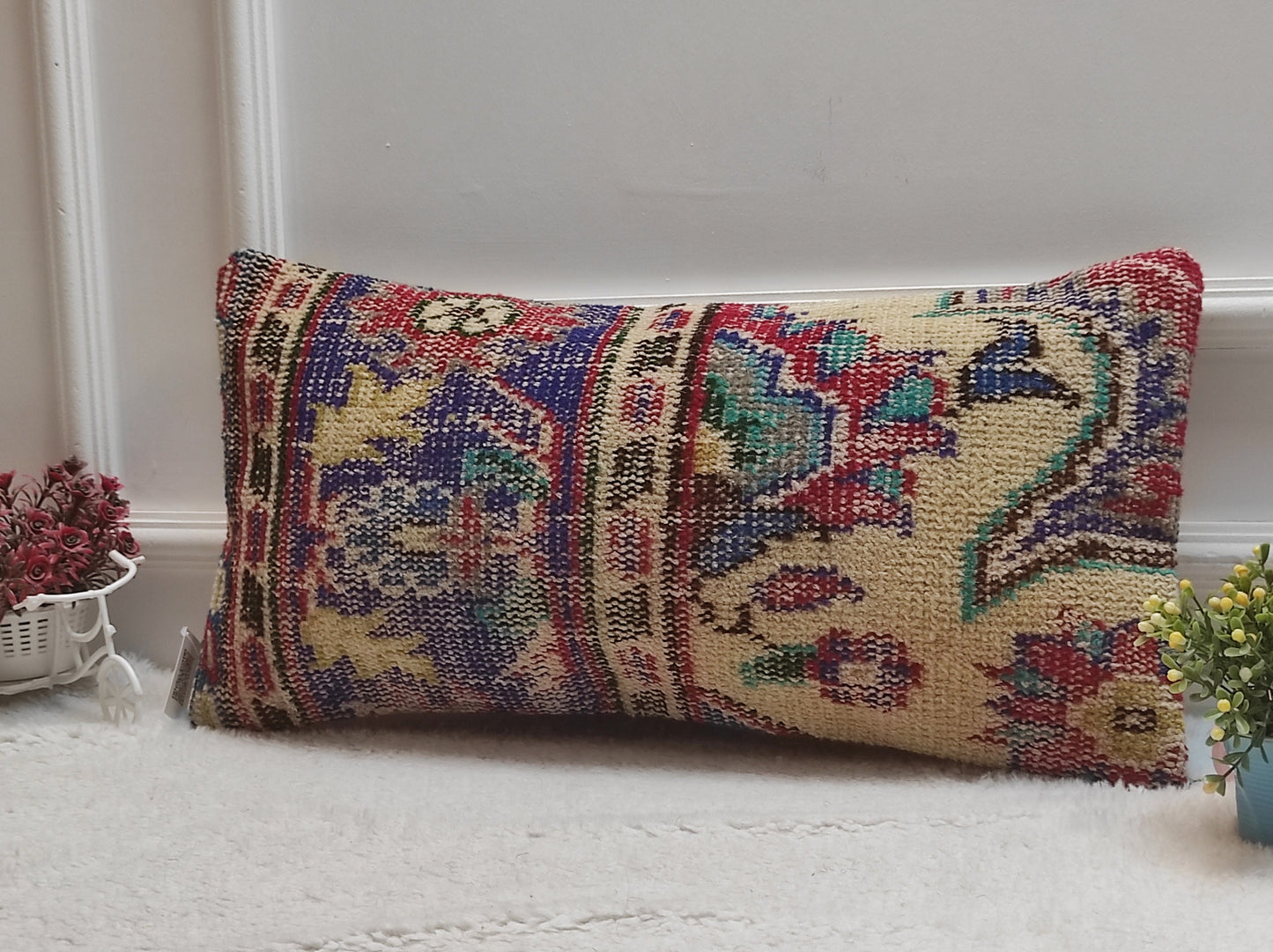 Handmade Kilim Pillow Cover: Upcycled Organic Wool Rug Pillow (12x24 inc)